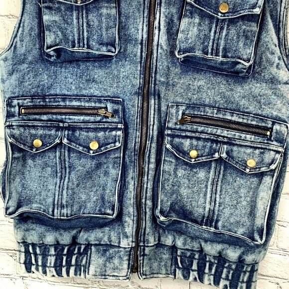 Vintage Denim Jean Vest S Stonewashed Zip In Crowd Celebration Flannel Lined - Picture 2 of 6